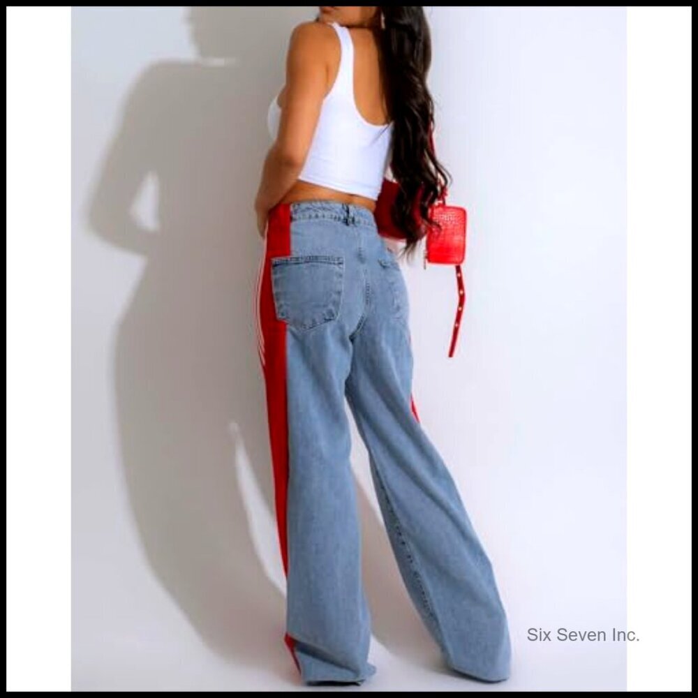 High Waisted Wide Leg Patchwork Stretch Jeans Y2K Retro Loose Fit - Picture 2 of 7